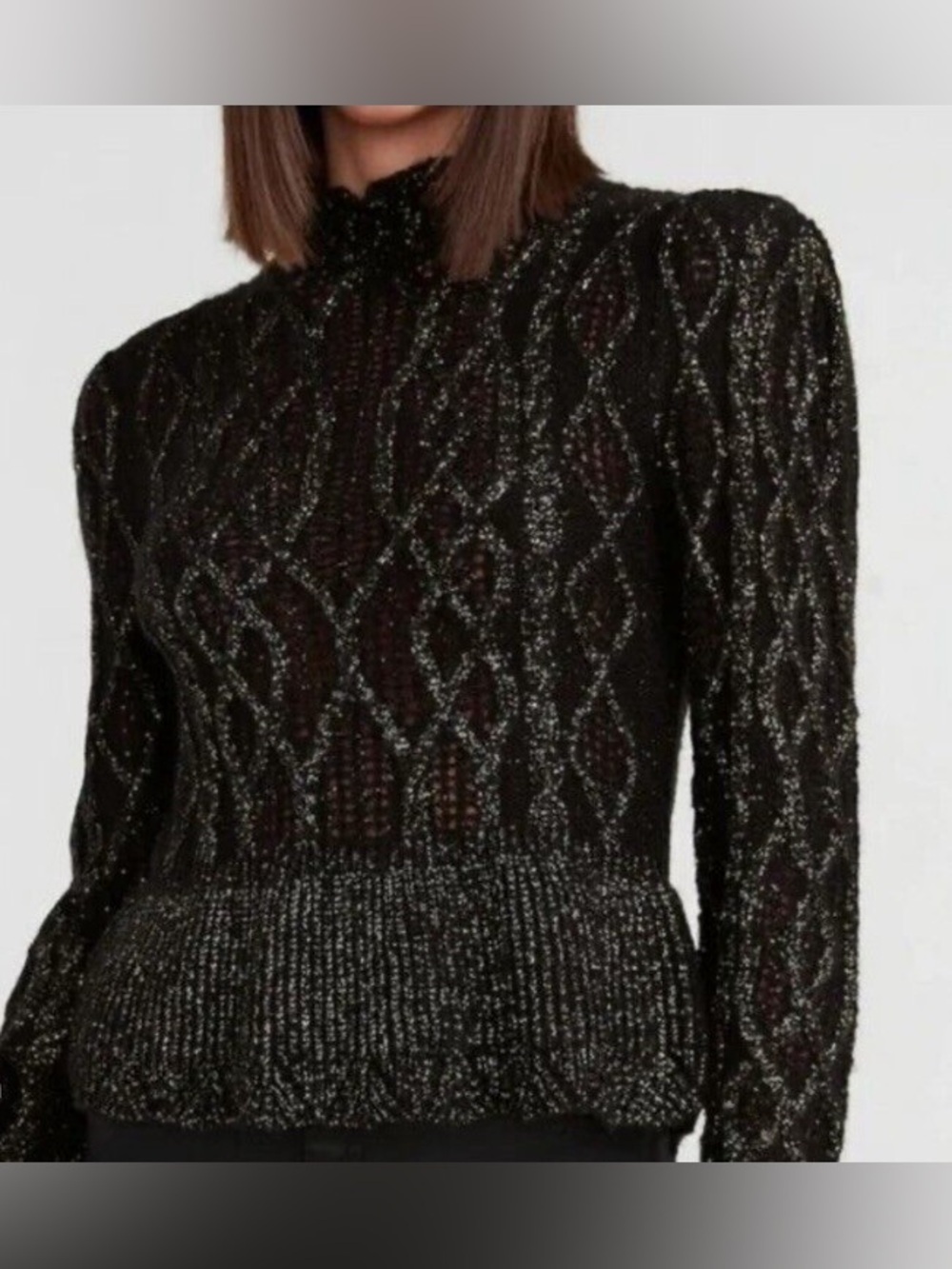 Express Black Metallic Cable Knit Turtleneck Peplum Sweater